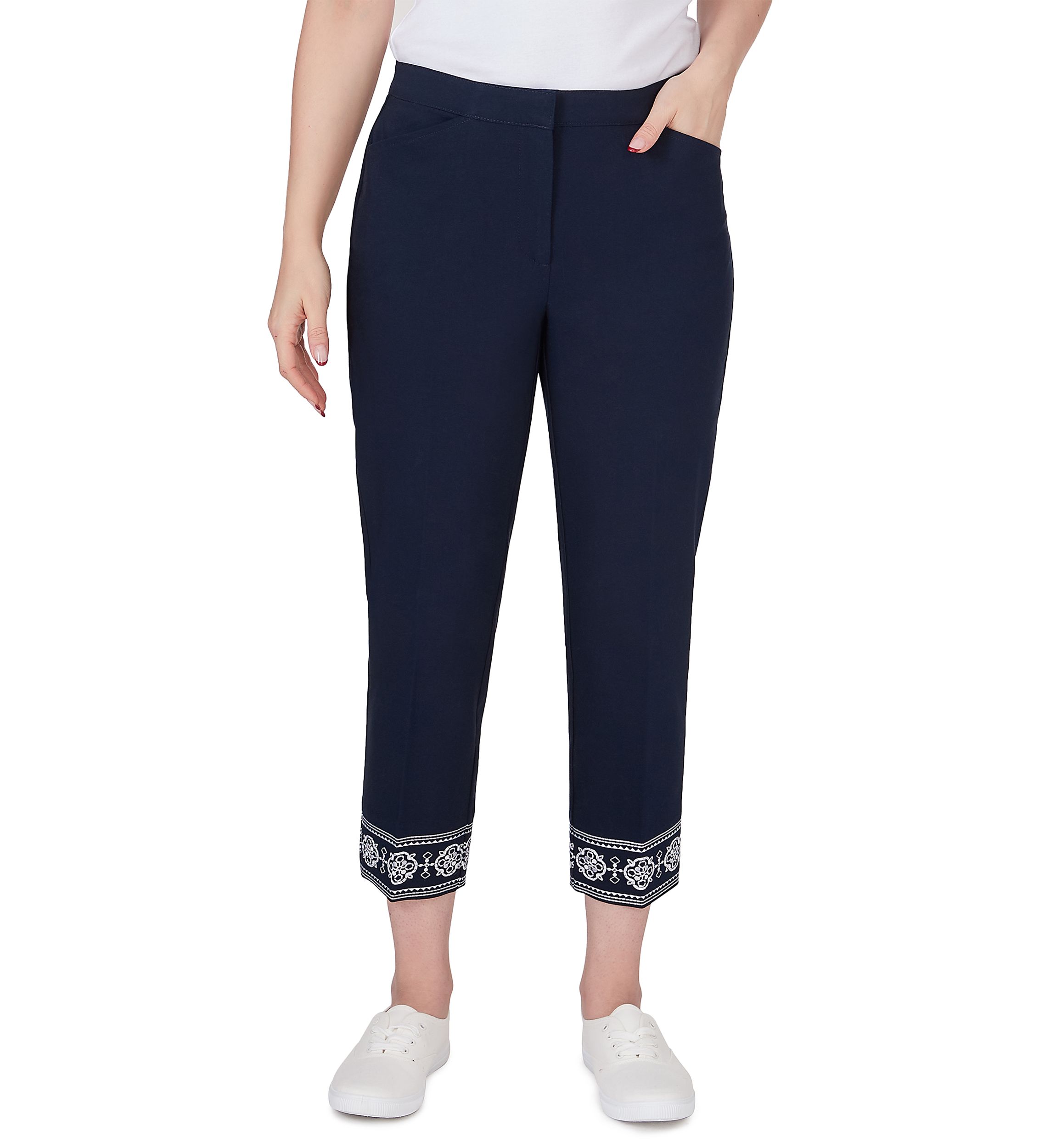Petite Size Embroidered Hem Fly Front Ankle Pants