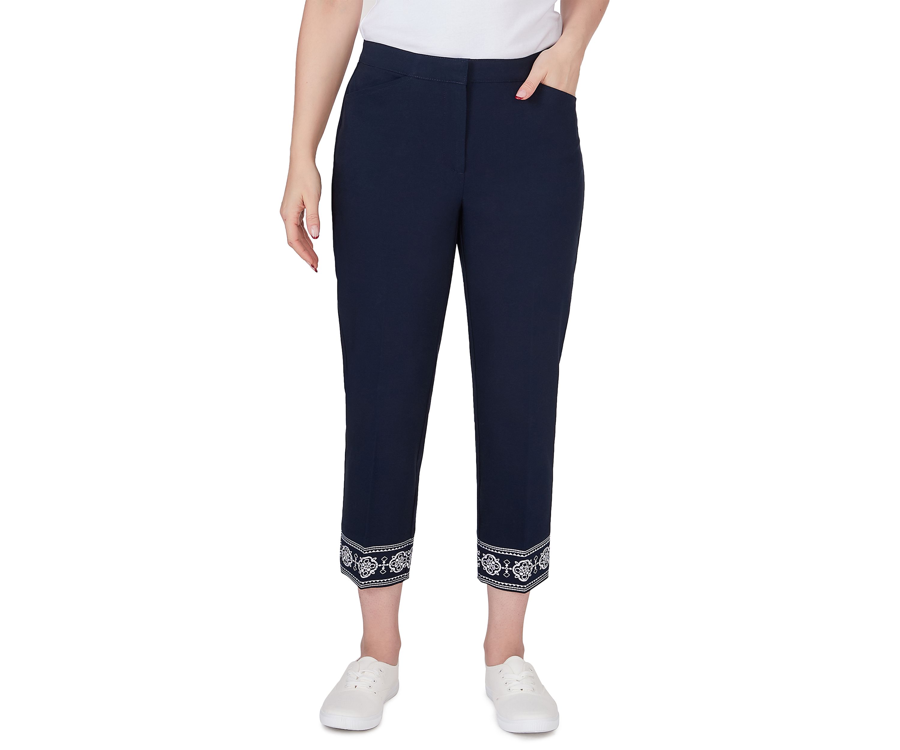 Petite Size Embroidered Hem Fly Front Ankle Pants