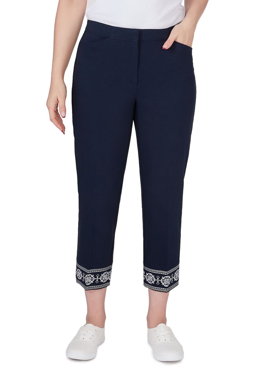 Petite Size Embroidered Hem Fly Front Ankle Pants