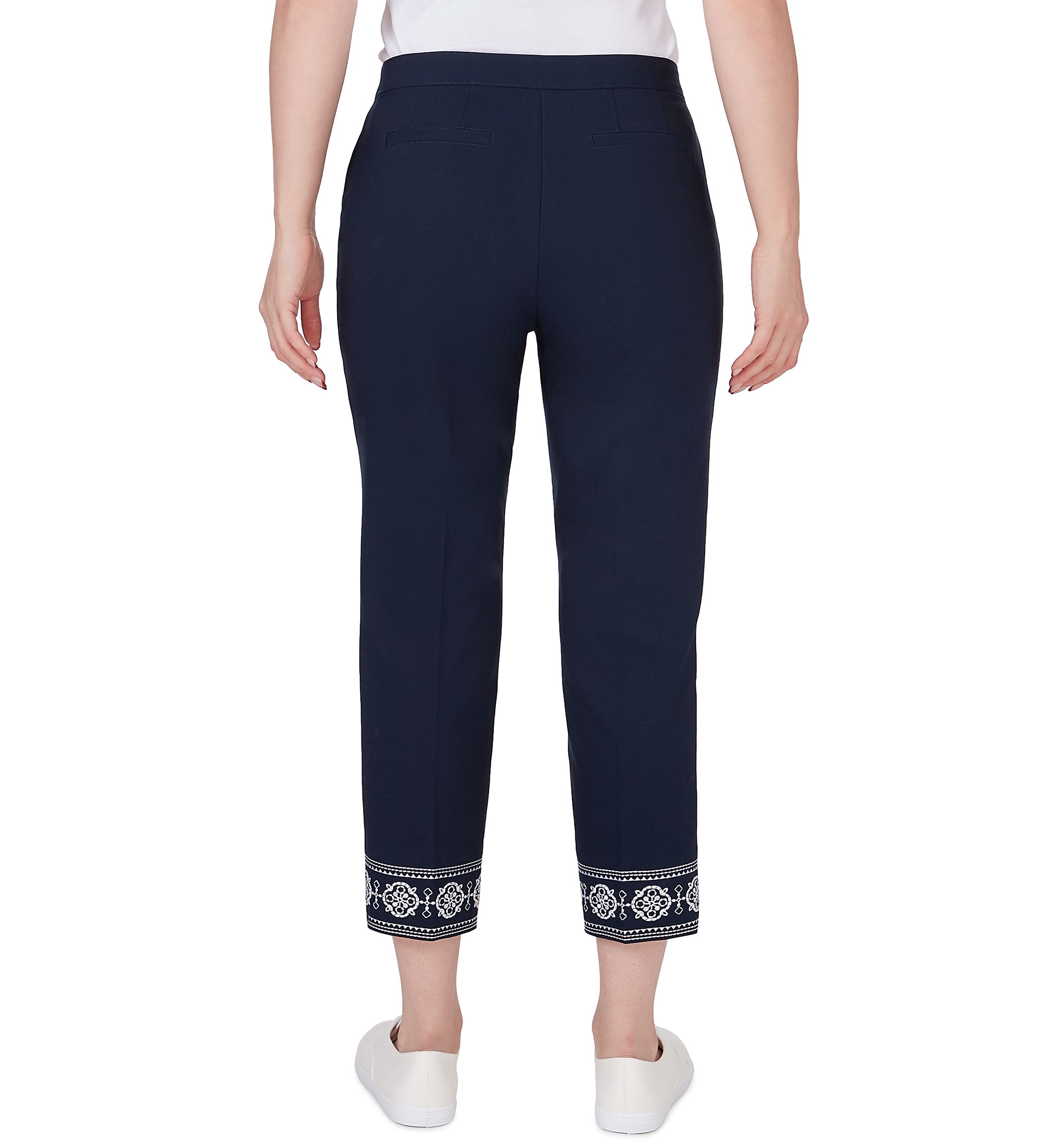 Petite Size Embroidered Hem Fly Front Ankle Pants