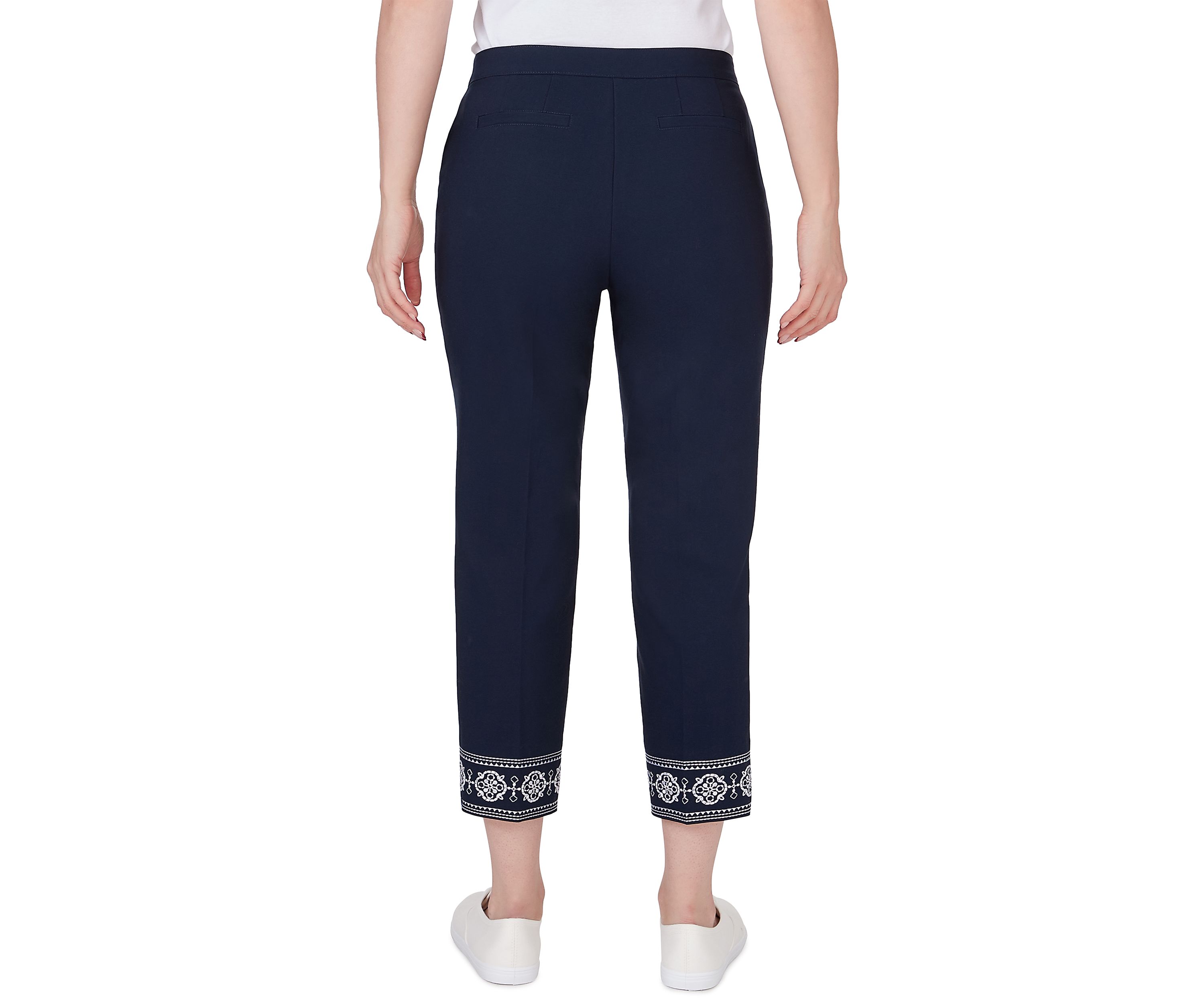 Petite Size Embroidered Hem Fly Front Ankle Pants