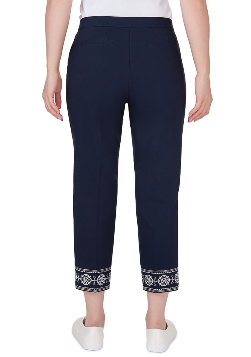 Petite Size Embroidered Hem Fly Front Ankle Pants