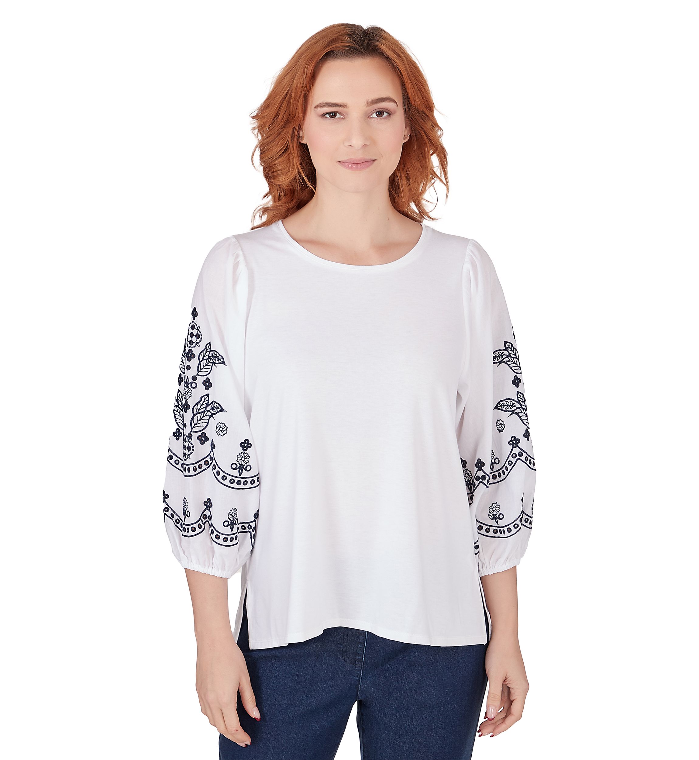 Petite Scoop  Neck Solid Knit Top With Embroidered Cotton Lawn Lantern Sleeves 