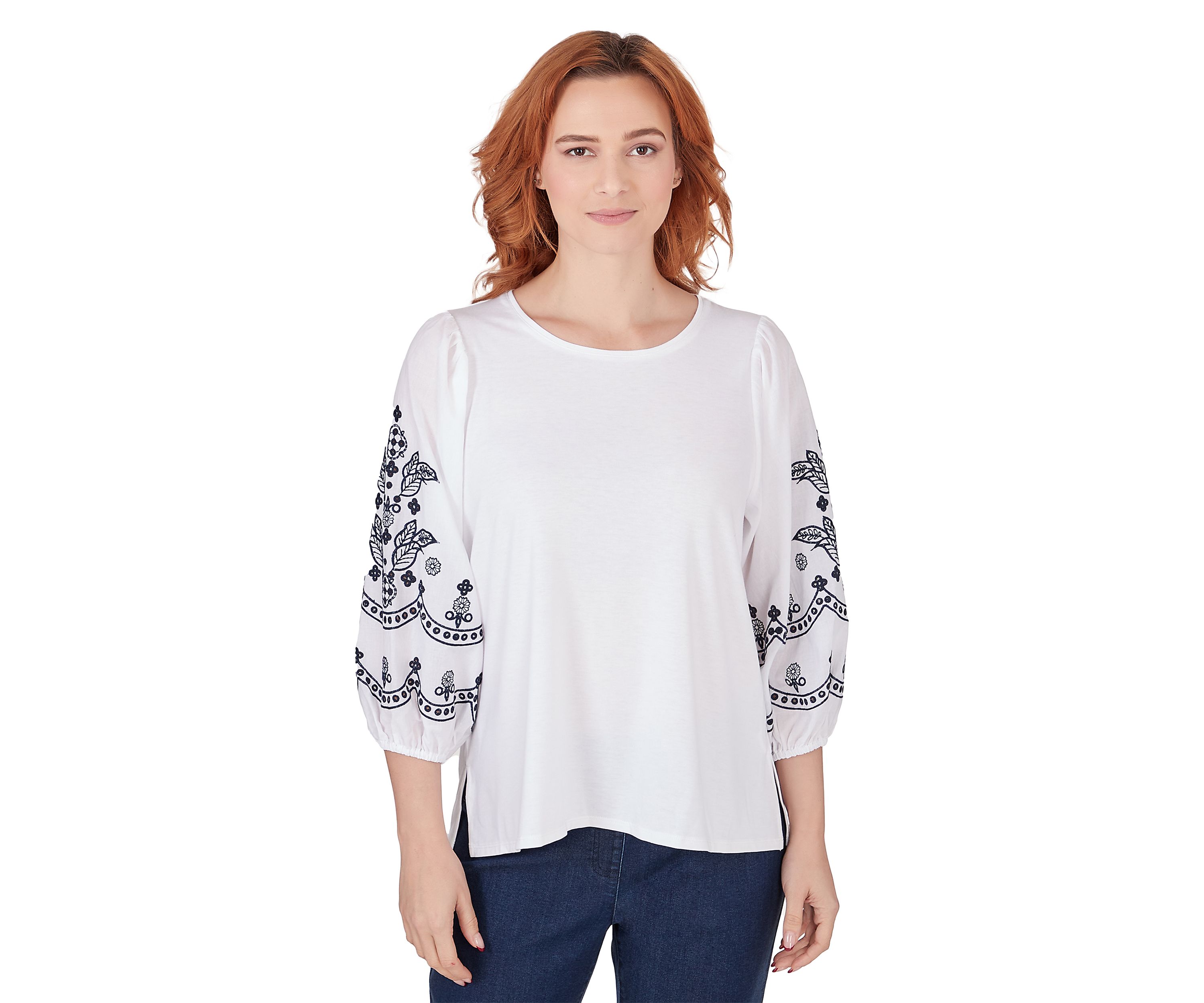 Petite Scoop  Neck Solid Knit Top With Embroidered Cotton Lawn Lantern Sleeves 
