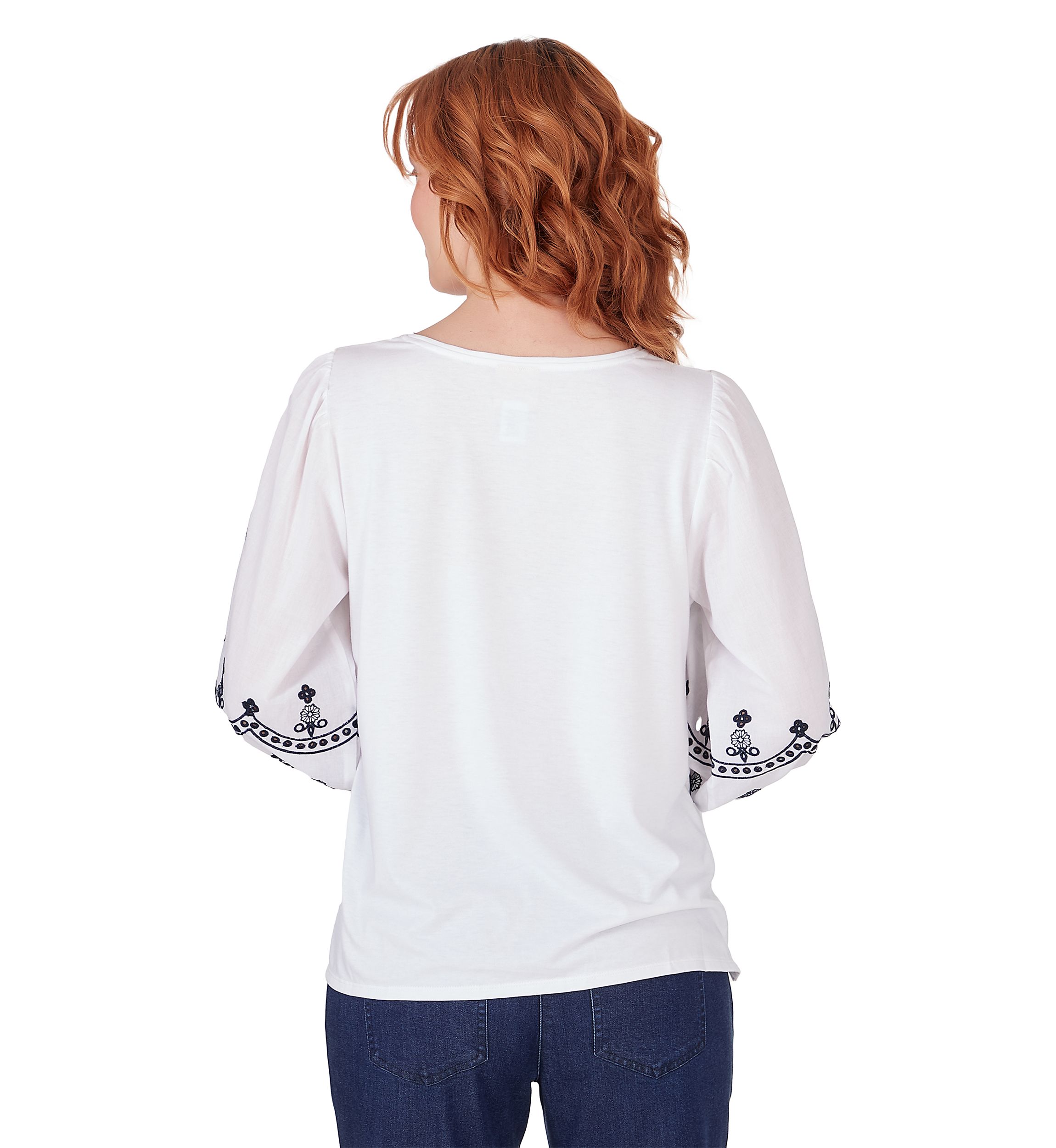 Petite Scoop  Neck Solid Knit Top With Embroidered Cotton Lawn Lantern Sleeves 