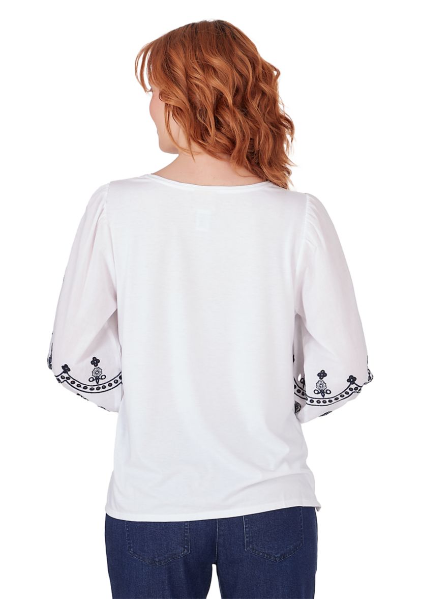 Petite Scoop  Neck Solid Knit Top With Embroidered Cotton Lawn Lantern Sleeves 