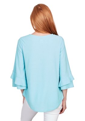 Petite Scoop Neck Swiss Dot Textured Solid Knit Top with Ruffle Sleeves