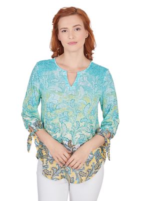 Petite Scoop Neck With Bar Detail Ombre Paisley Printed Knit Top Shoulder Yoke Lace