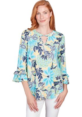 Petite Scoop Neck With Twisted Cutout Detail Bold Floral Puff Print Dty Knit Top Featuring Tiered Ruffle Sleeves