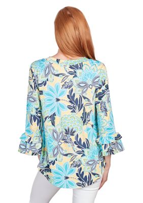 Petite Scoop Neck With Twisted Cutout Detail Bold Floral Puff Print Dty Knit Top Featuring Tiered Ruffle Sleeves