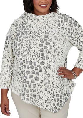 Ruby Rd Women's Plus Size Split Cowl Neck Animal Jacquard Chenille Top, Ivory, 3XL