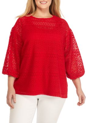 Ruby Rd Plus Size Red White & New Lace Puff Sleeve Top | belk