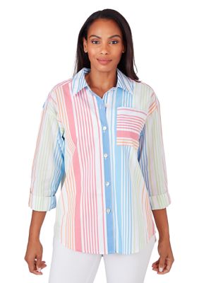 Women's Button Front Shirt Collar Striped Cotton Poplin Blouse with Roll Tab Sleeve and Chest Pocket