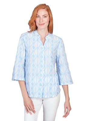 Women's Button Front Stand Collar Trellis Embroidered Cotton Blouse