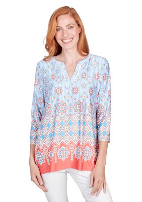 Women's Split Scoop Neck Tile Pull Border Print Shark Bite Top with Pintuck Yoke Detail