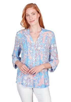 Button Front Shirt Silky Gauze Patchwork Print Top with Roll Tab Sleeves and Pintuck Detail