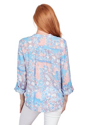 Button Front Shirt Silky Gauze Patchwork Print Top with Roll Tab Sleeves and Pintuck Detail