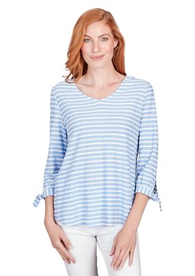 Women's V-neck Lightweight Stripe Knit Top with Tie Sleeve Detail