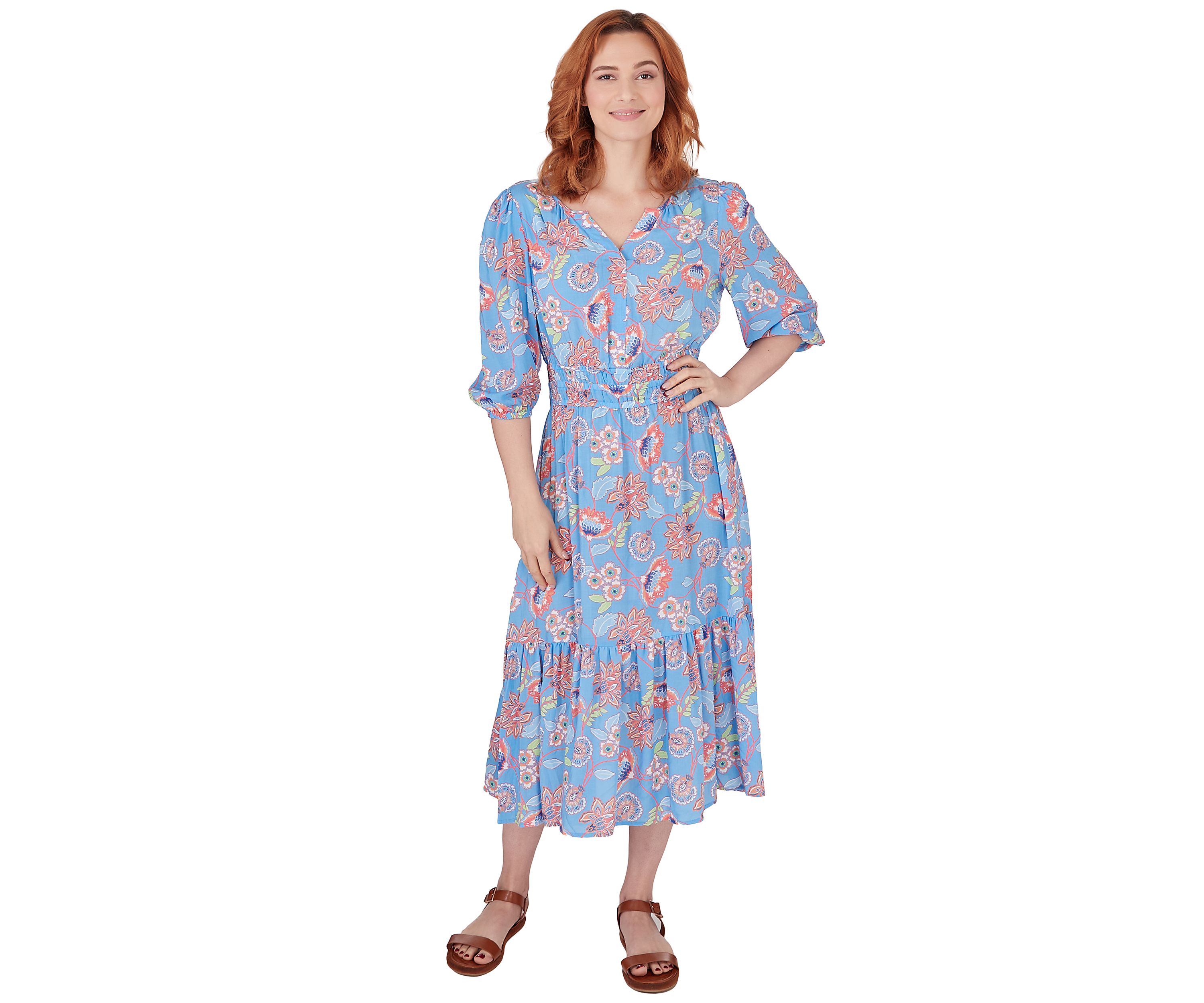 Womens Floral Printed Tiered Peasant Dress