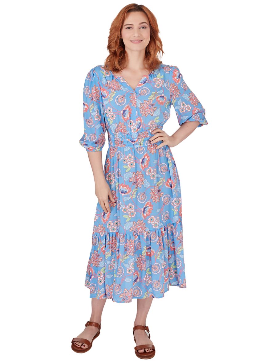Womens Floral Printed Tiered Peasant Dress