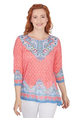 Women's Embellished Scoop Neck Marrakesh Border Print Sublimation Knit Top