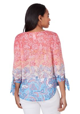 Plus Women's Paisley Combo Tie Front Knit Top