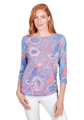 Women's Ballet Neck Hummingbird Garden Printed Mesh Top with Side Ruched Detail