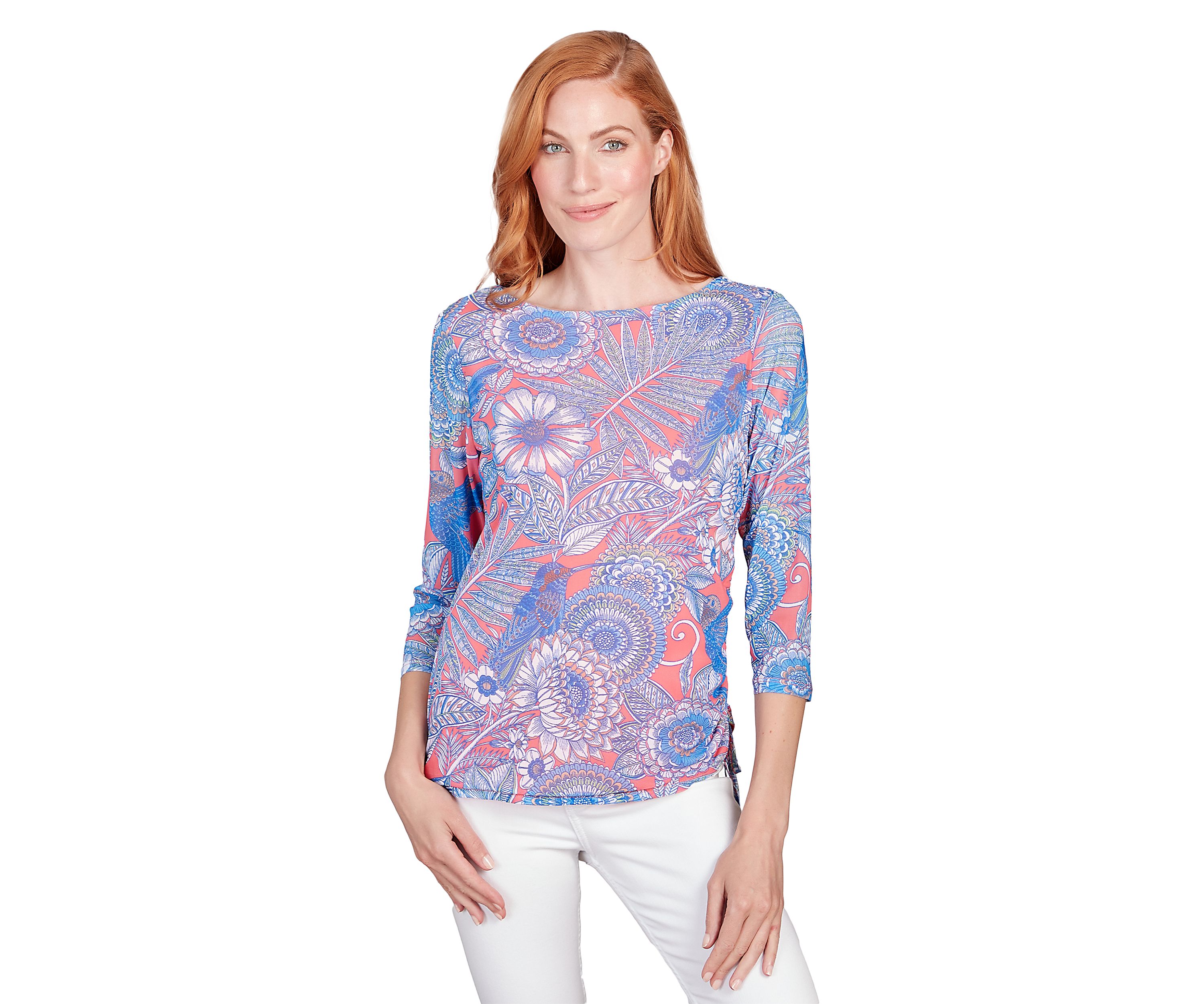 Womens Ballet Neck Hummingbird Garden Printed Mesh Top with Side Ruched Detail