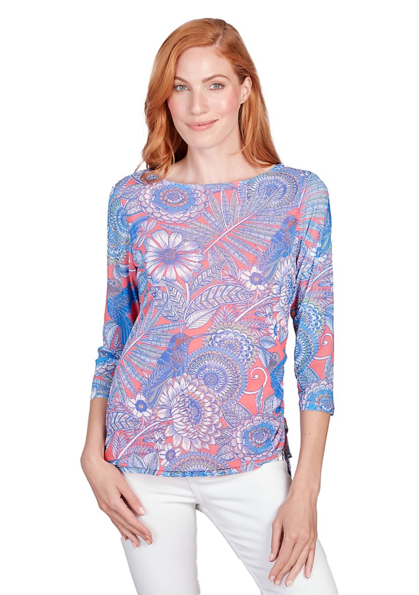 Womens Ballet Neck Hummingbird Garden Printed Mesh Top with Side Ruched Detail
