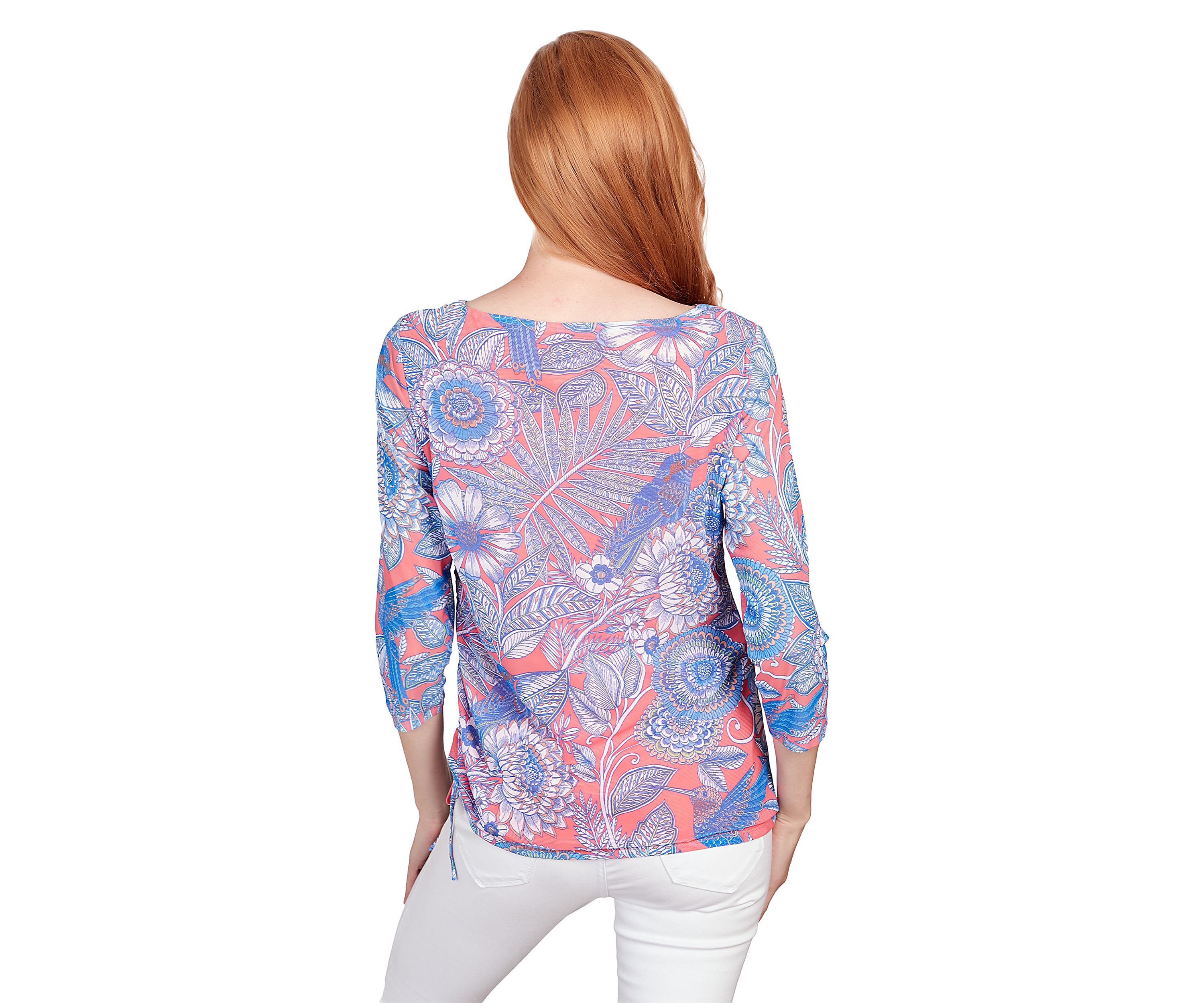 Womens Ballet Neck Hummingbird Garden Printed Mesh Top with Side Ruched Detail