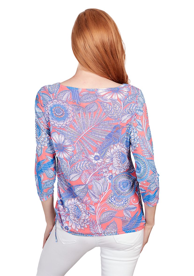Womens Ballet Neck Hummingbird Garden Printed Mesh Top with Side Ruched Detail