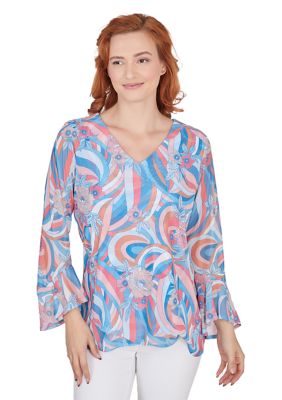 Ruby Rd Women's V-neck Swirly Floral Print Mesh Top with Asymmetric Hem and Flounce Bell Sleeves
