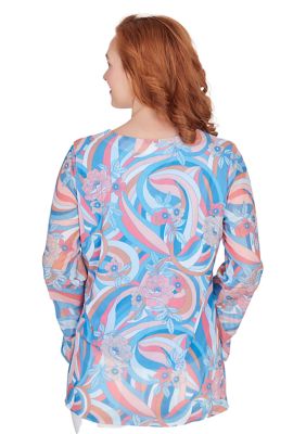 Women's V-neck Swirly Floral Print Mesh Top with Asymmetric Hem and Flounce Bell Sleeves