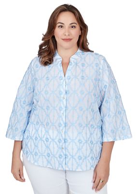 Plus Button Front Stand Collar Trellis Embroidered Cotton Blouse