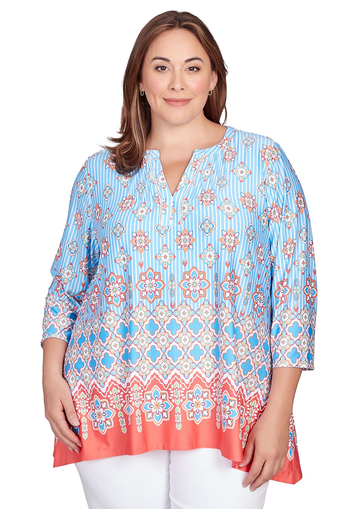 Plus Size Split Neck Tile Border Print Shark Bite Top 