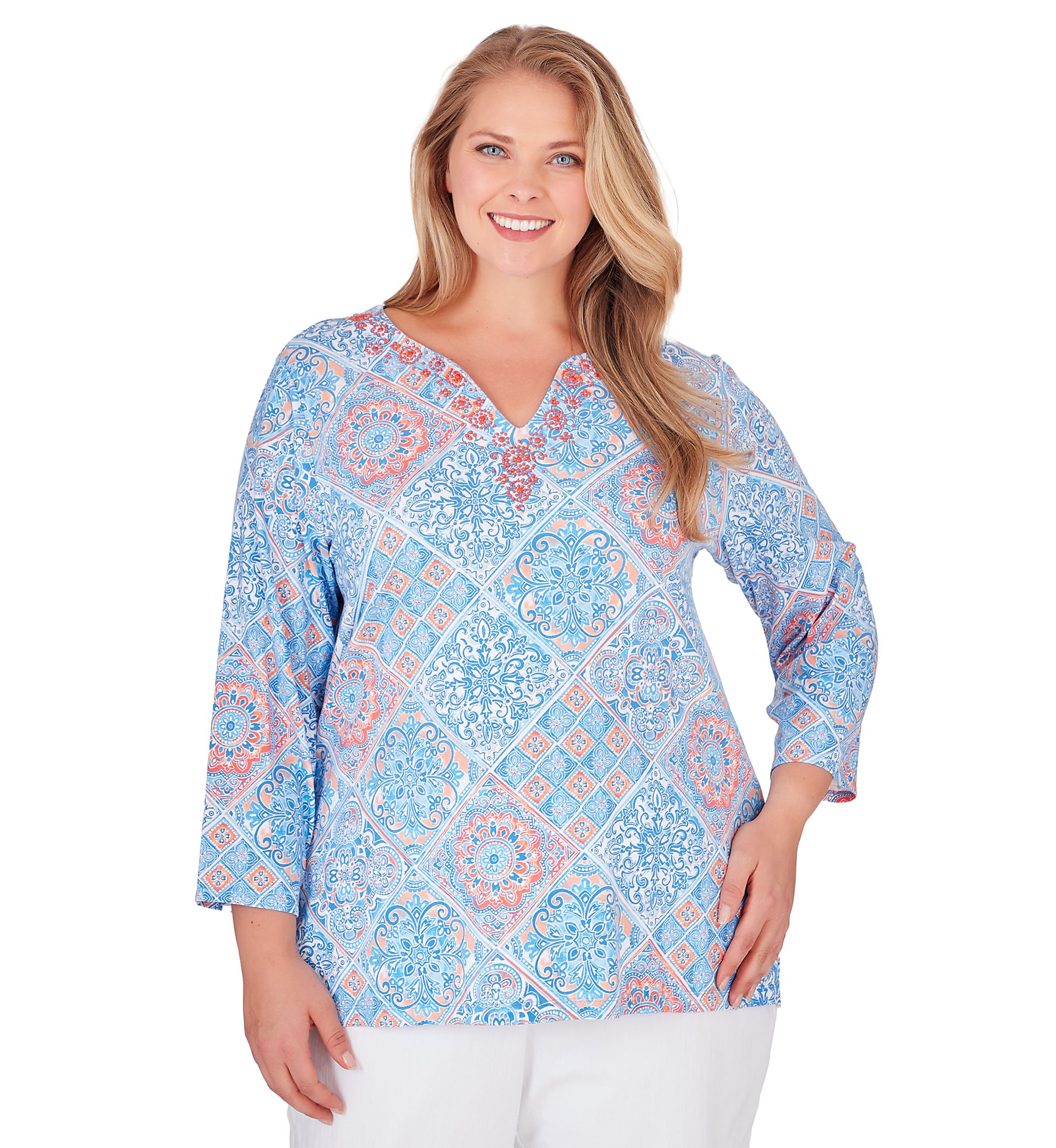 Plus Size Embellished Split Neck Diagonal Tiles Patchwork Printed Knit Top
