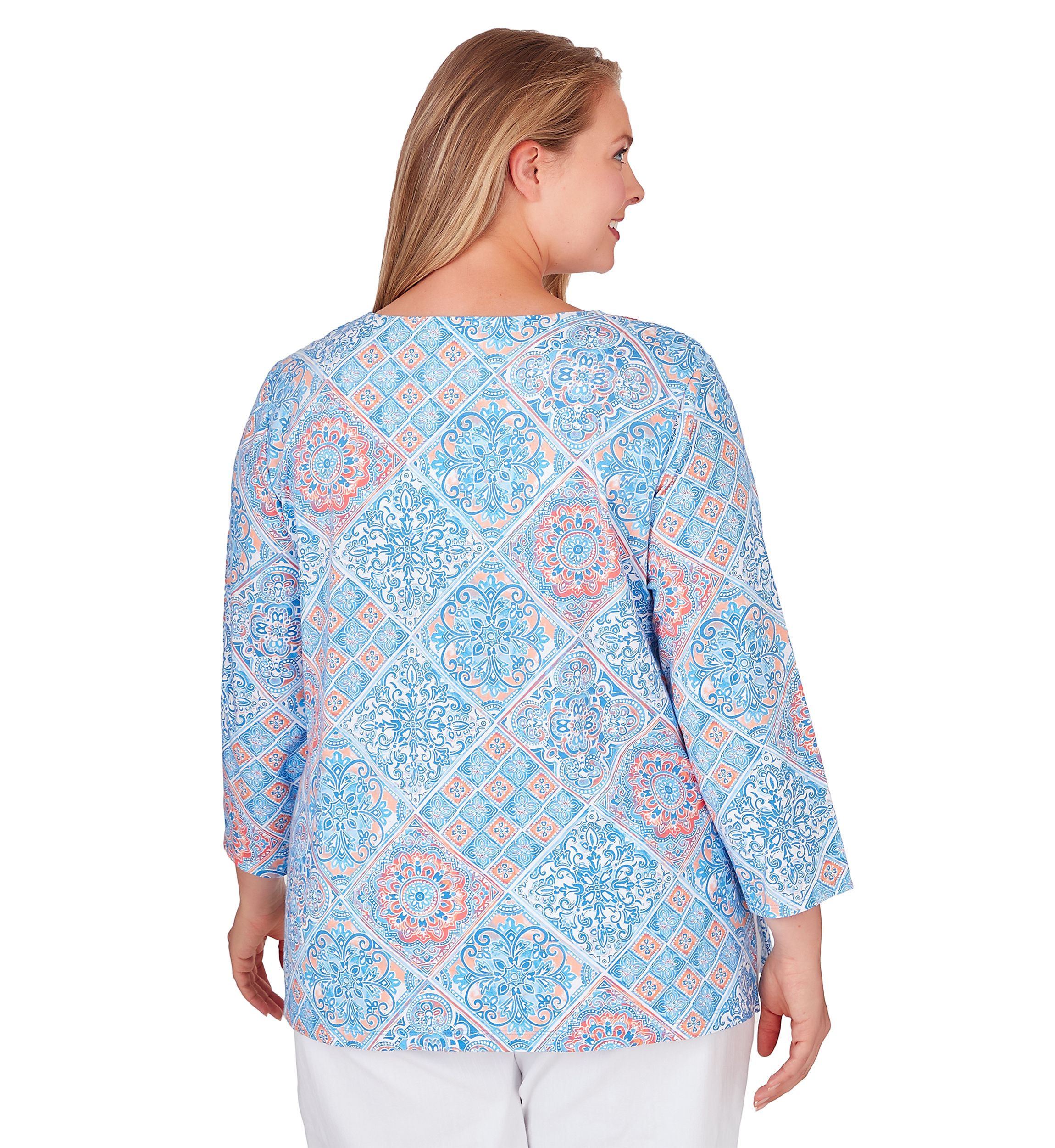 Plus Size Embellished Split Neck Diagonal Tiles Patchwork Printed Knit Top