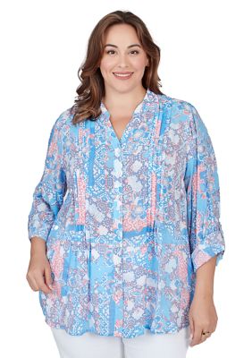 Plus Button Front Silky Gauze Patchwork Print Top