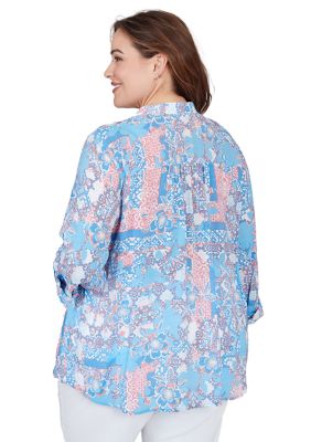 Plus Button Front Silky Gauze Patchwork Print Top