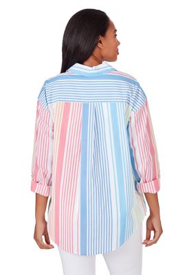 Petite Button Front Shirt Collar Striped Cotton Poplin Blouse With Roll Tab Sleeve and Chest Pocket