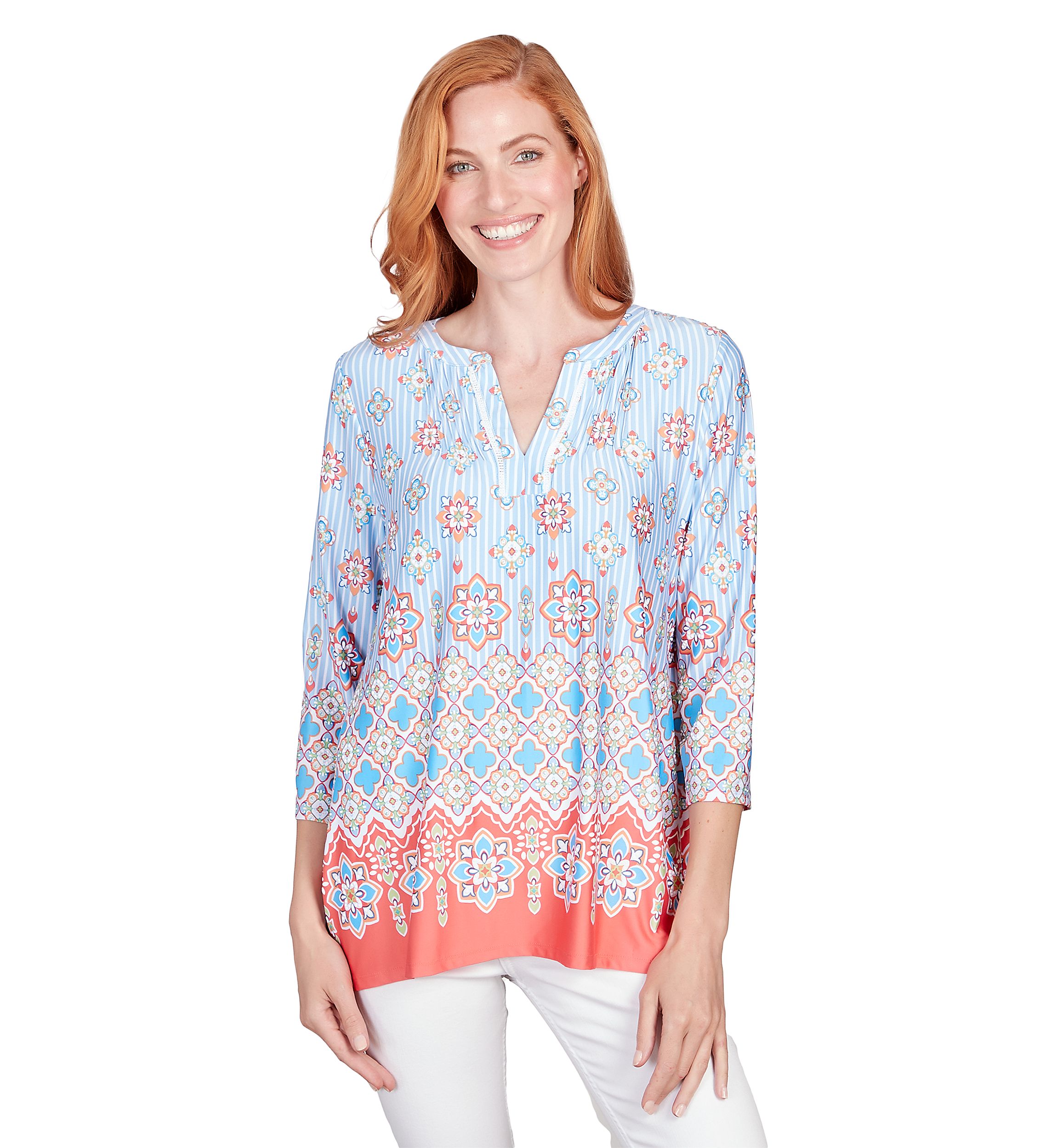 Petite Split Scoop Neck Tile Pull Border Print Shark Bite Top with Pintuck Yoke Detail