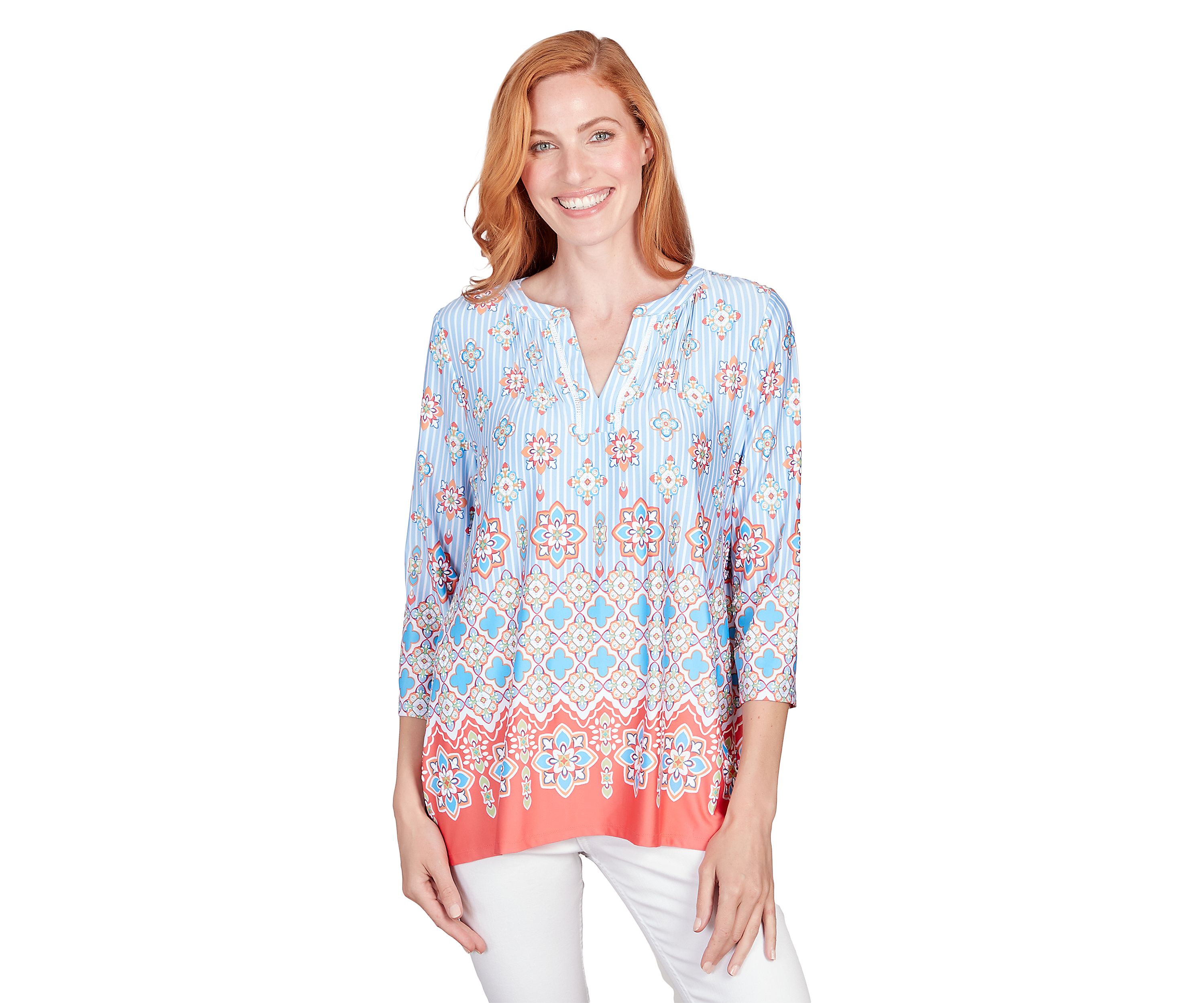 Petite Split Scoop Neck Tile Pull Border Print Shark Bite Top with Pintuck Yoke Detail