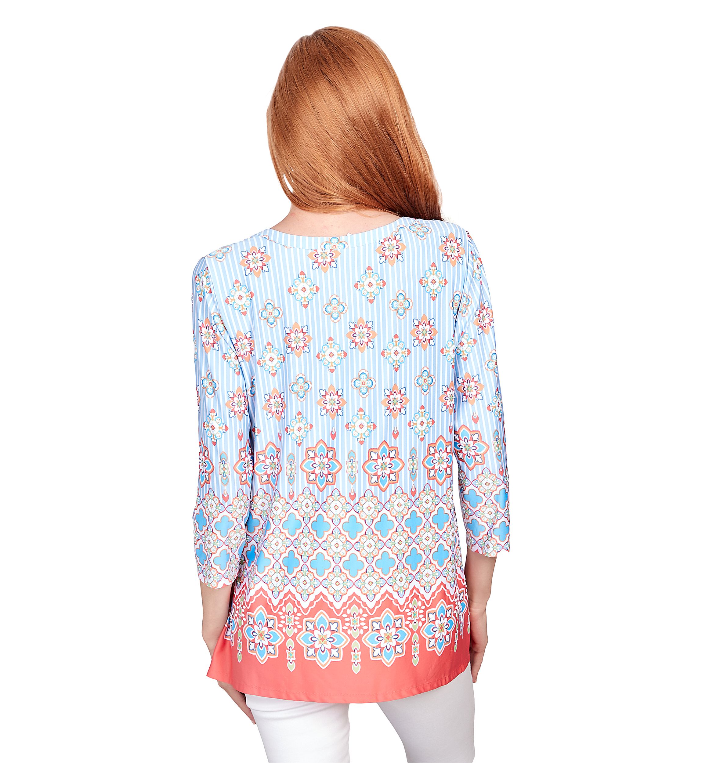 Petite Split Scoop Neck Tile Pull Border Print Shark Bite Top with Pintuck Yoke Detail