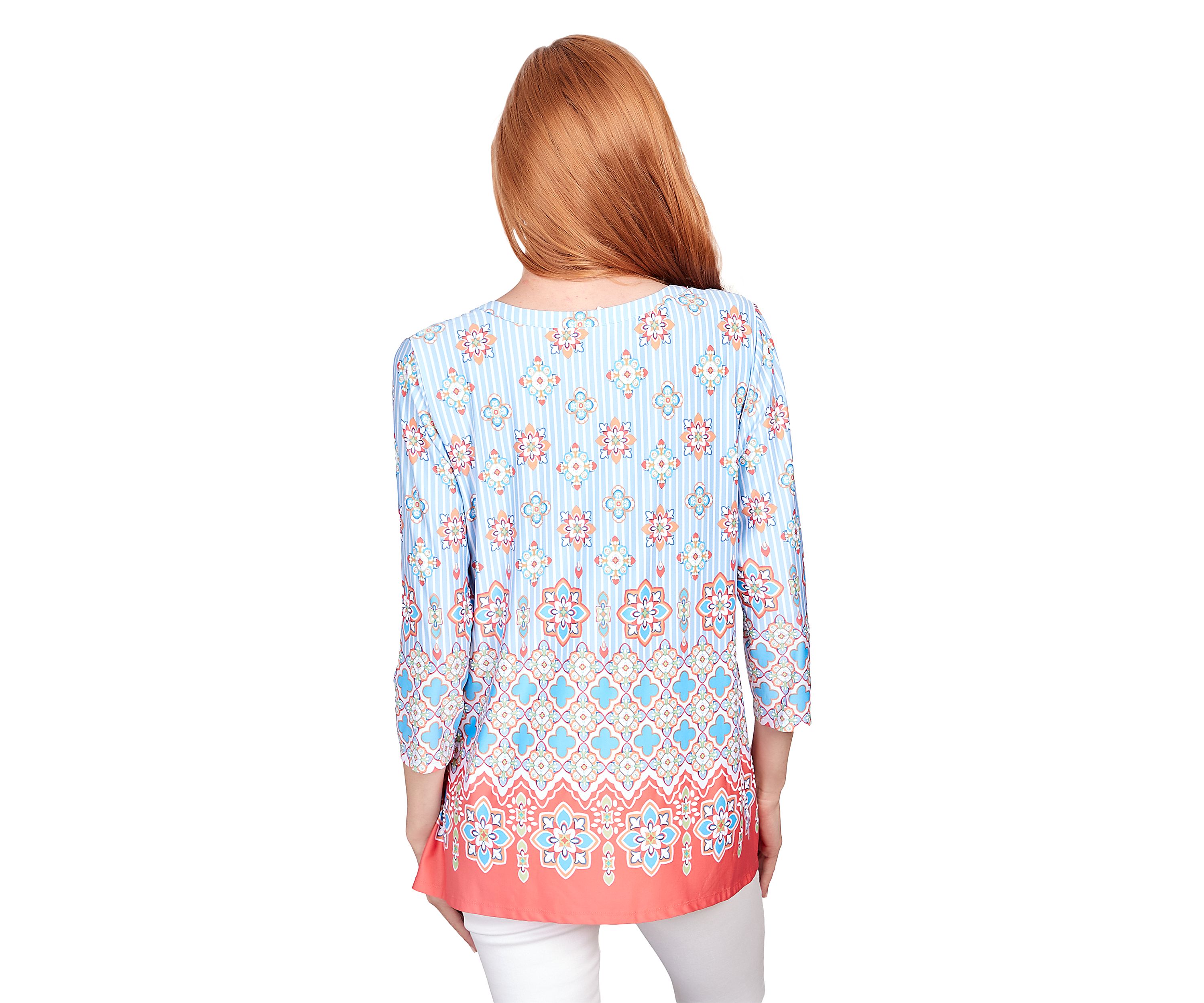 Petite Split Scoop Neck Tile Pull Border Print Shark Bite Top with Pintuck Yoke Detail