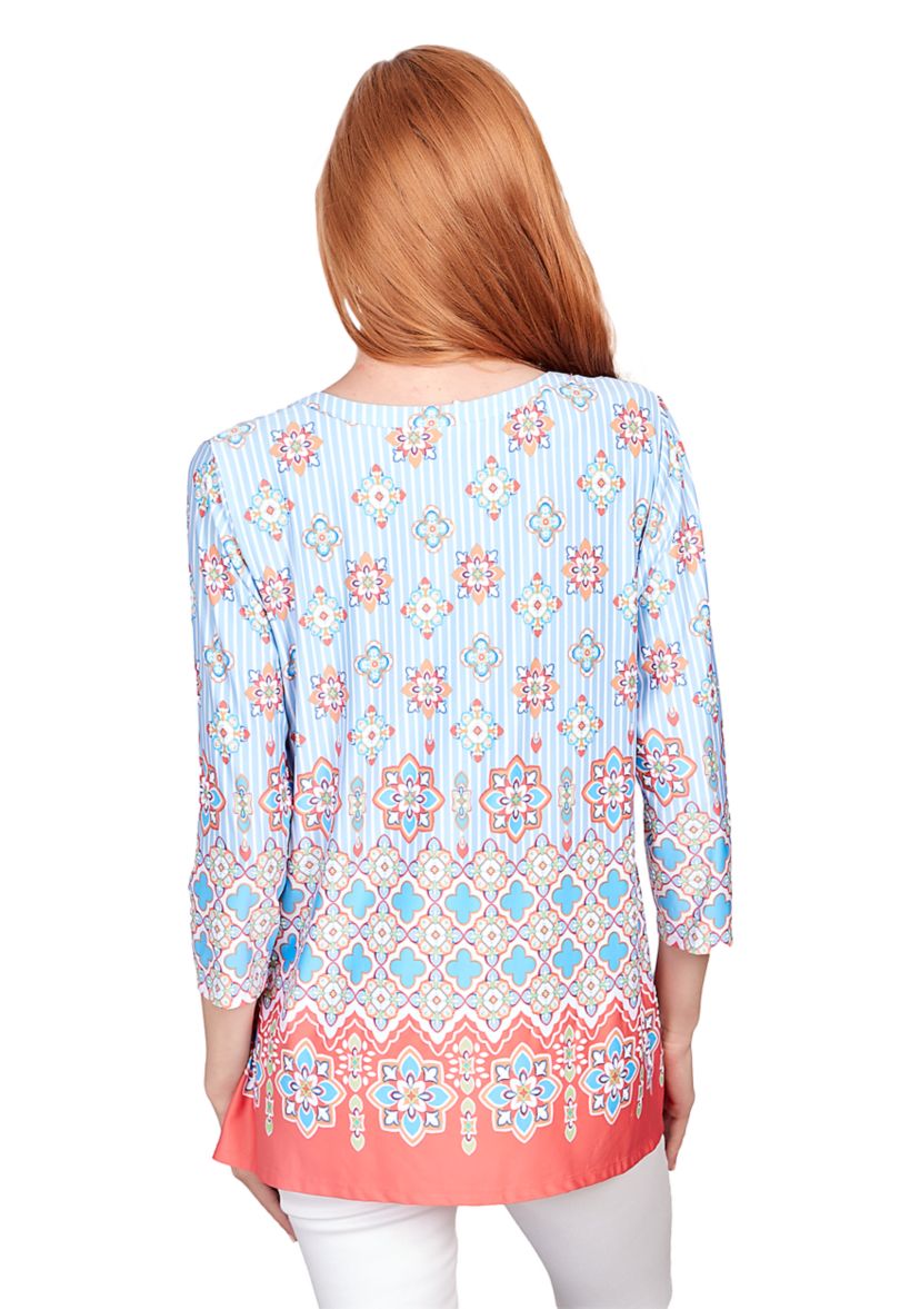Petite Split Scoop Neck Tile Pull Border Print Shark Bite Top with Pintuck Yoke Detail