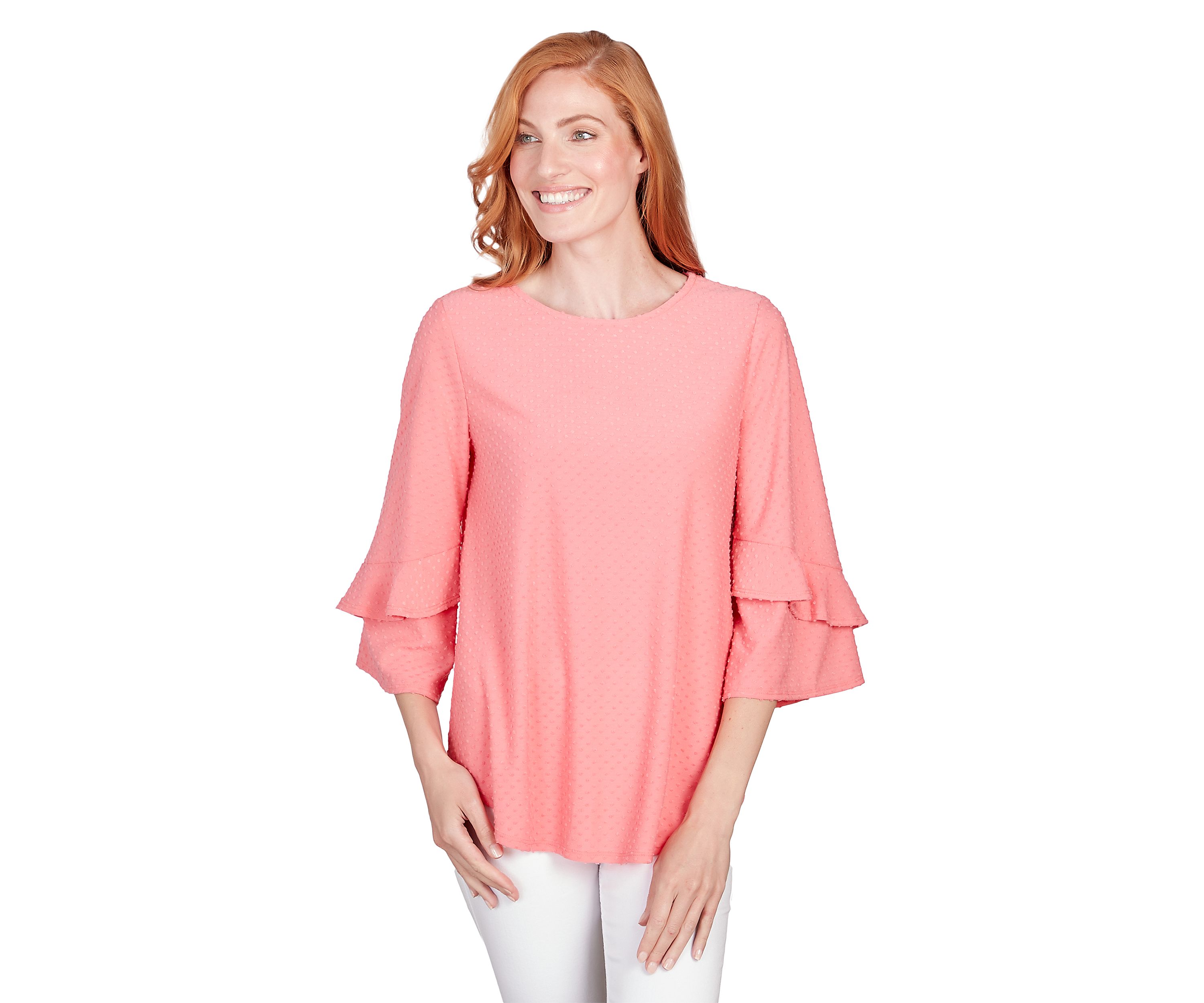 Petite Scoop Neck Swiss Dot Textured Solid Knit Top with Ruffle Sleeve