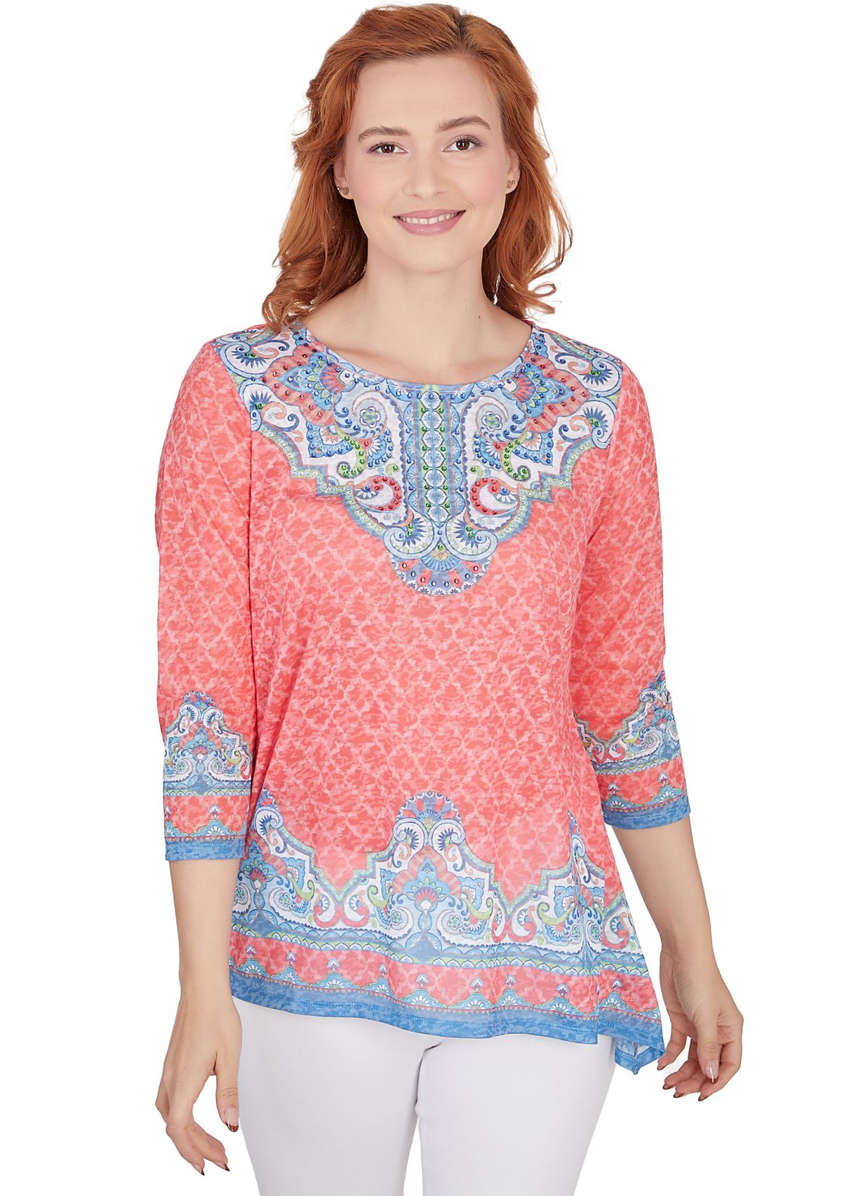Petite Embellished Scoop Neck Marrakesh Border Print Sublimation Knit Top