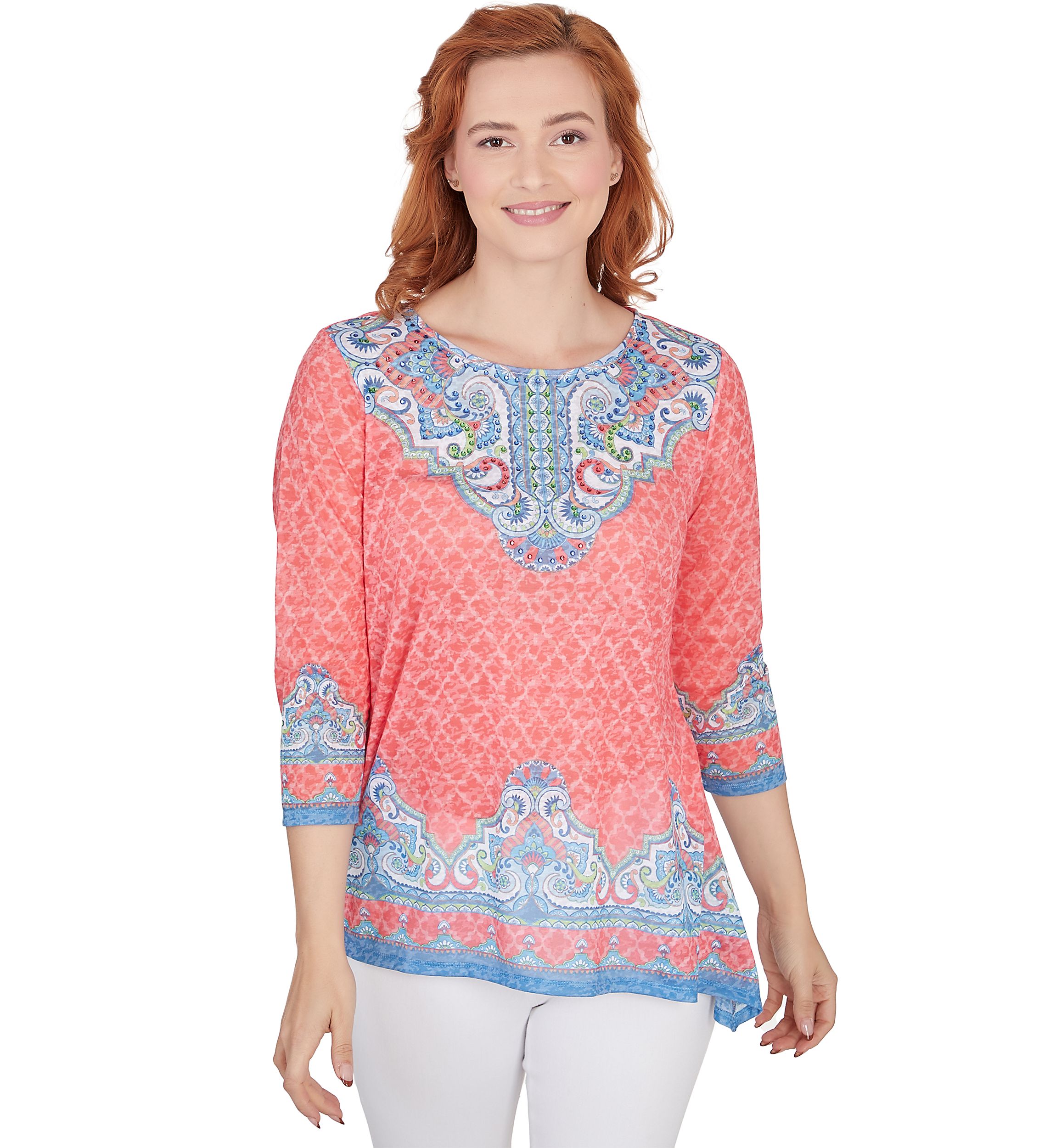 Petite Embellished Scoop Neck Marrakesh Border Print Sublimation Knit Top
