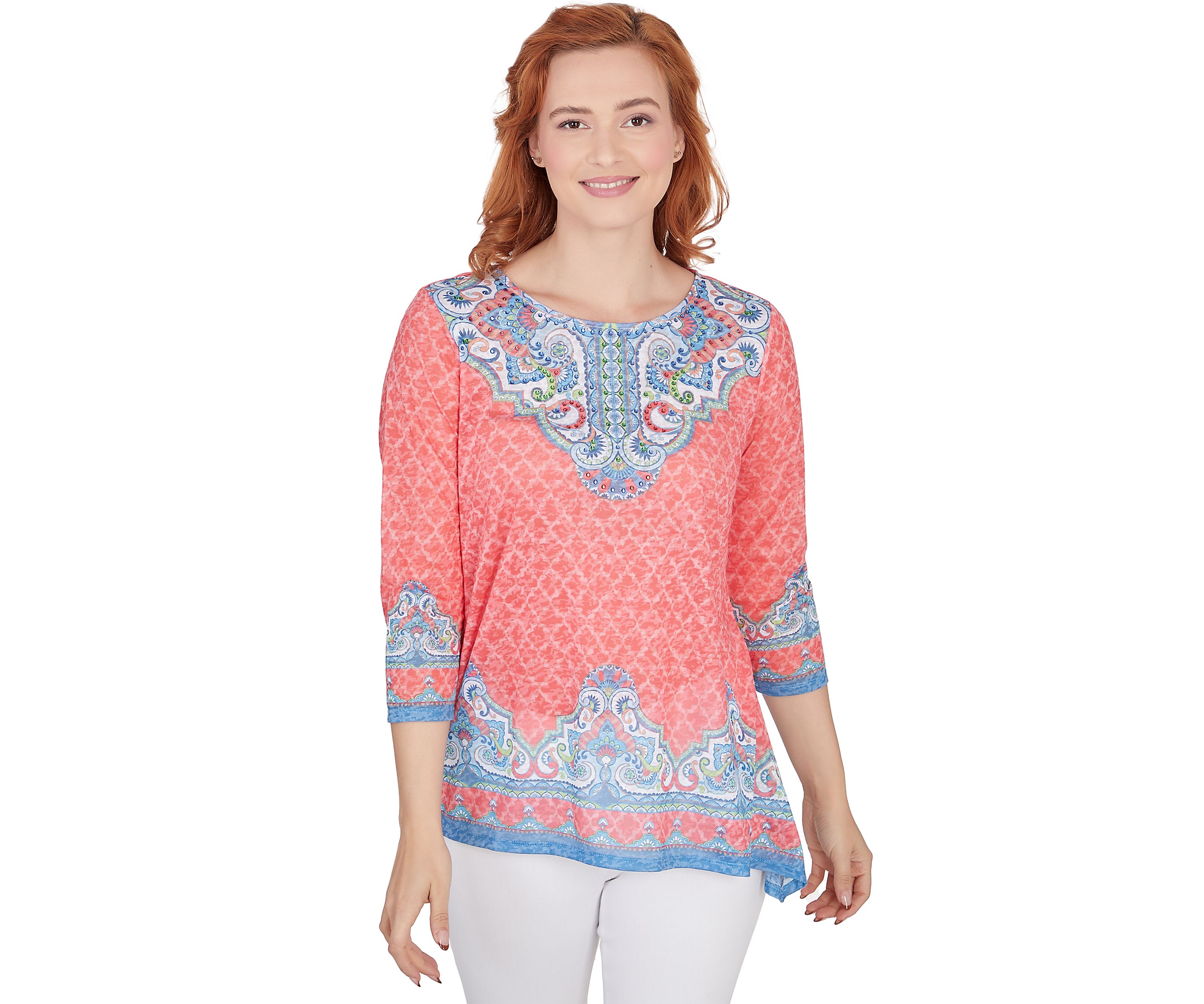 Petite Embellished Scoop Neck Marrakesh Border Print Sublimation Knit Top