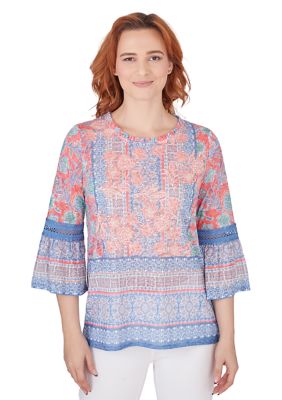 Petite Ruffled Scoop Neck Floral Medallion Border Print with Lace Inset Flounce Sleeves